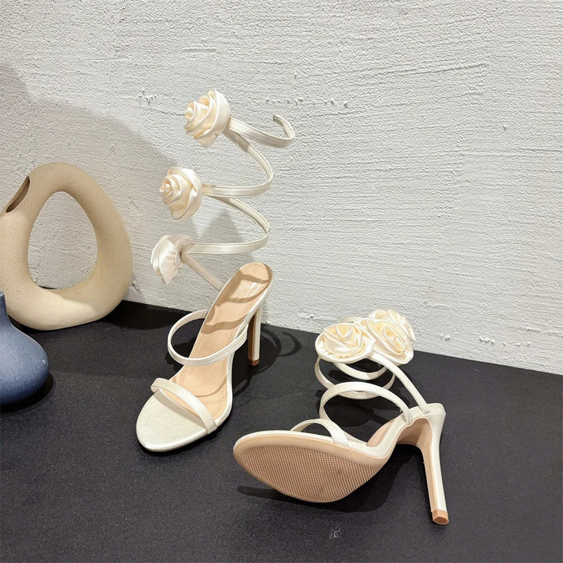 Liyke Elegant Women Wedding Banquet Shoes Fashion Silk Flowers Designer Sandals Female Open Toe Slip On Ankle Strap High Heels