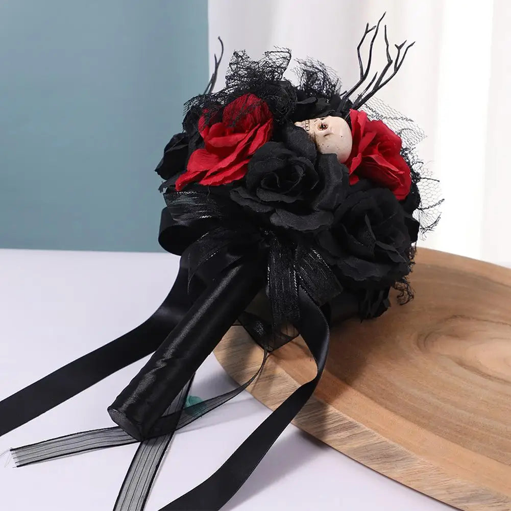Yannew Black Burgundy Gothic Bridal Bouquets for Bride Bridesmaids Artifiicial Silk Foam Roses Flower Wedding Bouquet Halloween