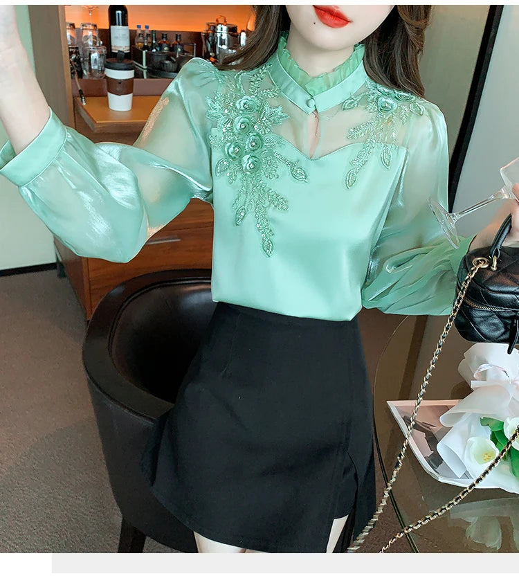 H Han Queen Elegant Autumn Shirt Embroidery Beads Chiffon Simple Office Blouse Loose Tops Long Sleeve Casual Blouses Women