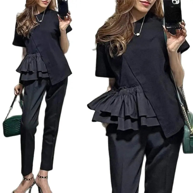 2024 New Short Sleeve Tshirts Women Ruffles Patchwork Asymmetrical Fashion T Shirts High Street Casual All-match Tops