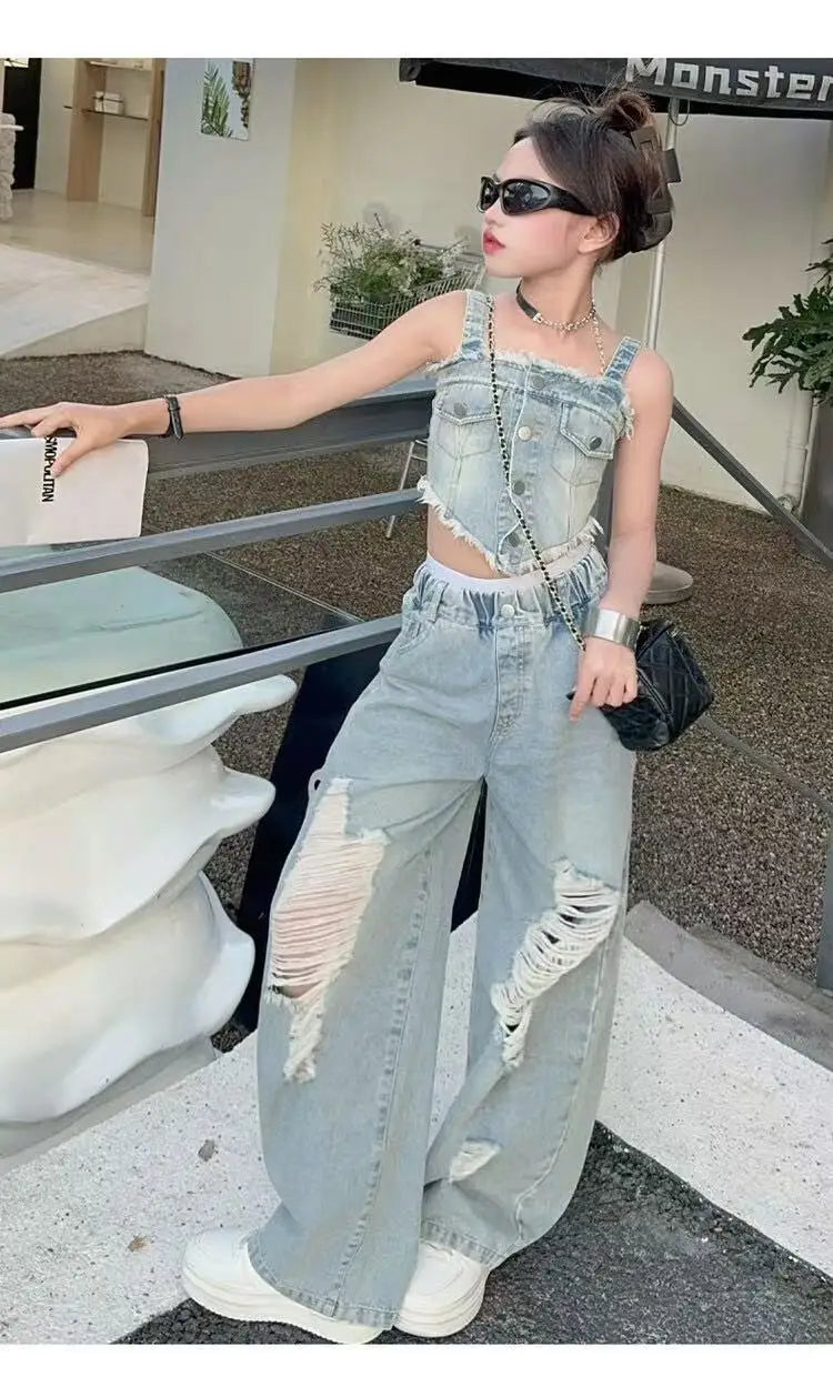 Girl Summer 2025 Halter Vest Ripped Wide-Leg Pants Two-Piece Set Kids Casual Harbor Flavor Simple Style