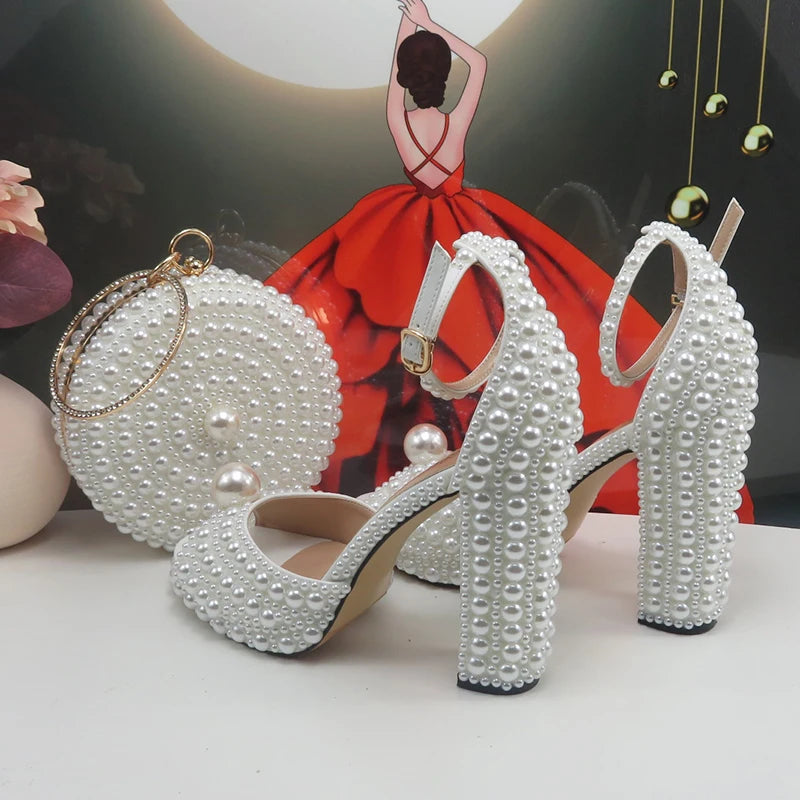 2024 New Arrival Hademade White Sandals Bridal shoes bag set woman Big Pearl Girls fashion Sandals party Shoes Fashion Thin Heel