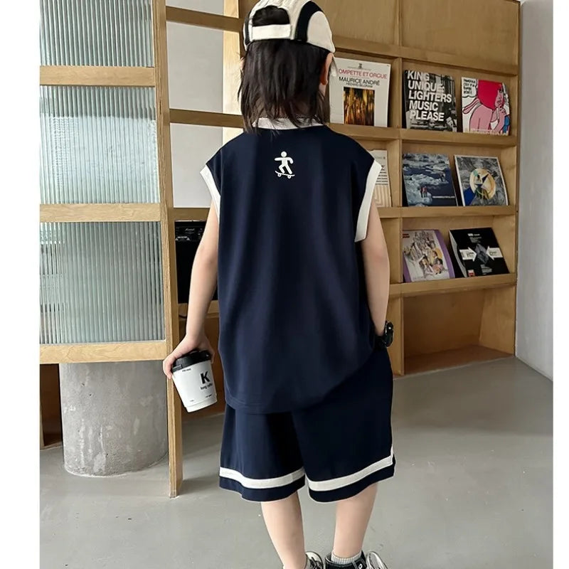 Summer 5-10 Years Old Boys' Sportswear Set 2025 Casual Loose Sleeveless Outfit | Trendy 2Pcs Clothing Letters Kids' Outfit