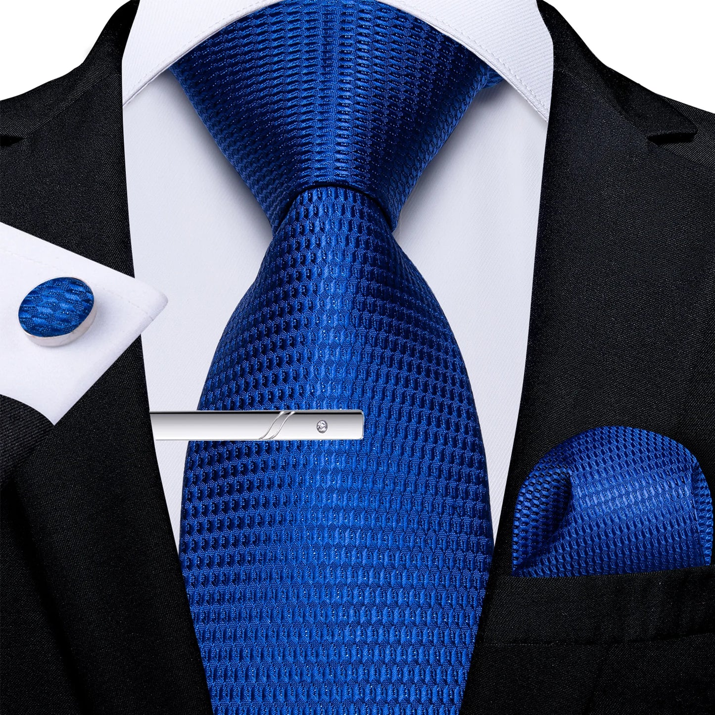 Men's Tie Set with Clip Luxury Retro Red Blue Floral 8cm Necktie Handkerchief Cufflinks Wedding Party Business Accessories Gift