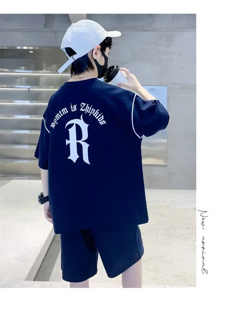 Boys Loose Casual Clothing Sets Summer Big Kids Sportwear Suits Short Sleeve Tops+Shorts 2Pcs Children Fashion Outfits 5-14 Year