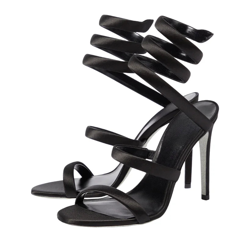 Summer new round toe silk ribbon snake-shaped wrapped sexy sandals thin high-heeled banquet dress large size women's shoes