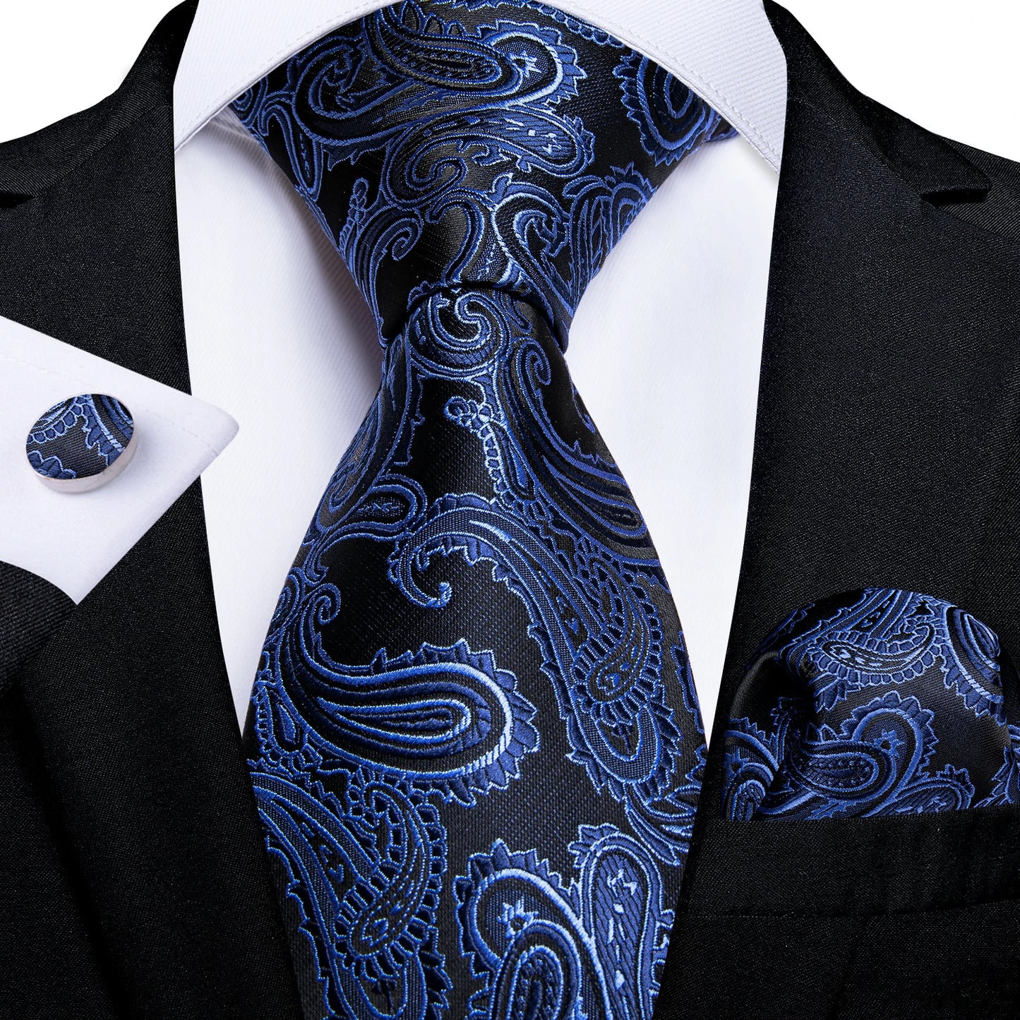 Royal Blue Paisley Plaid Striped Men tie Set with Handkerchief Cufflinks Wedding Prom Groom Accessories Perfect Gift for Men