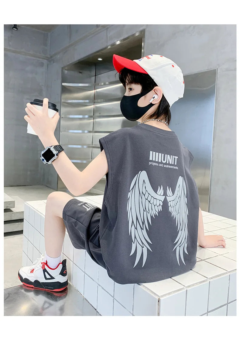 Boys Summer Suit New Children's Sleeveless Vest Sports Suit Fried Street Clothes Cool Handsome Summer Children's Clothing