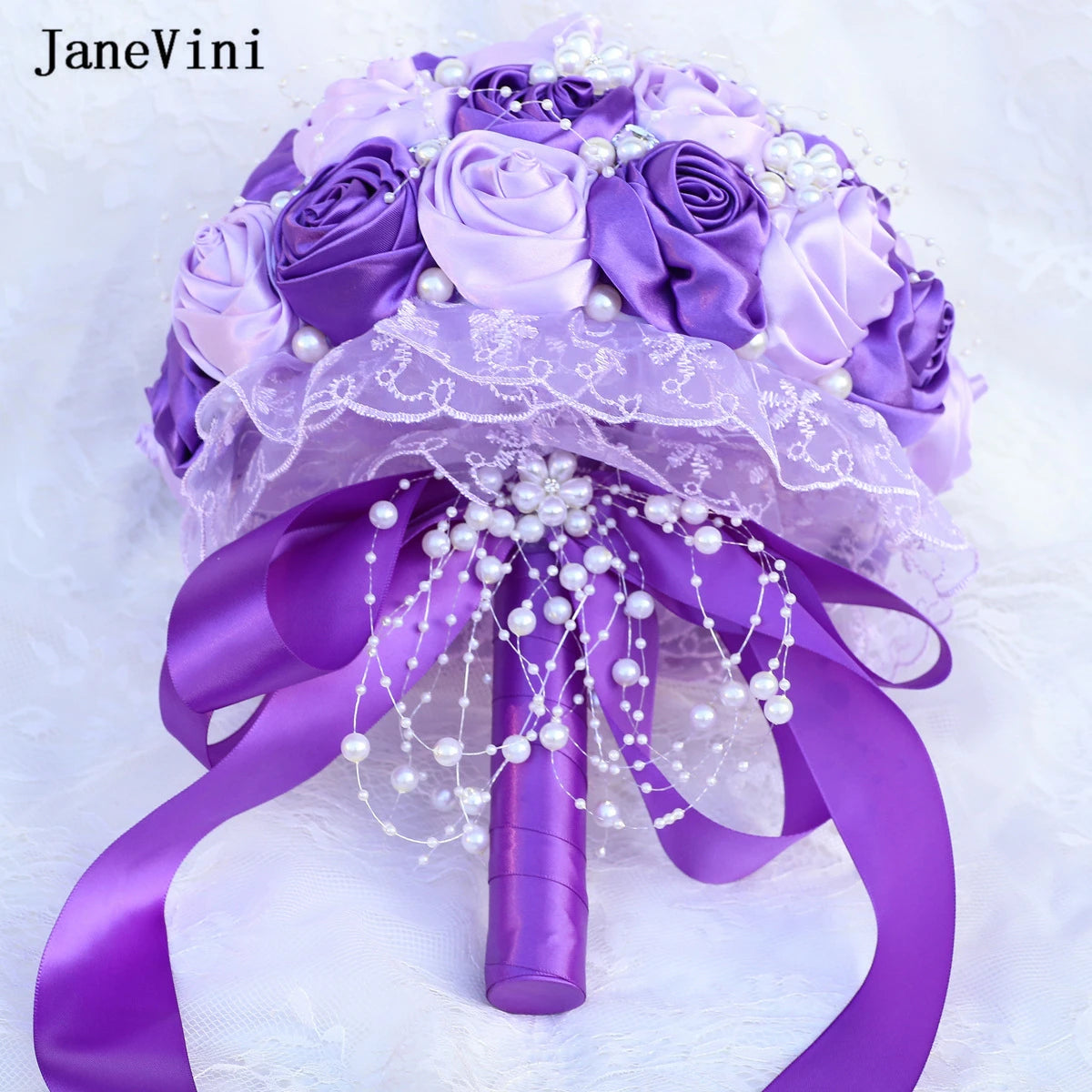 JaneVini Stunning Pearls Purple Flowers Bridal Bouquets Ribbon Handle Artificial Satin Roses Bride Bouquet Wedding Accessories