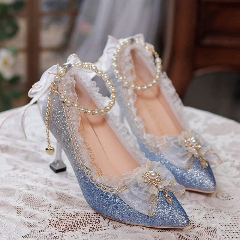 Lolita High Heels One Night Story Lolita Shoes Shiny Pointed High Heels Flower Wedding Ceremony 18 Year Old Slim Heels