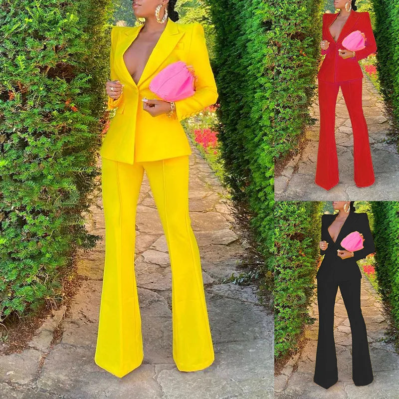 Temperament Slim Fit Suit Jacket Casual Flared Pants Elegant Blazer Suit and Wide Leg Pants Two 2 Piece Sets