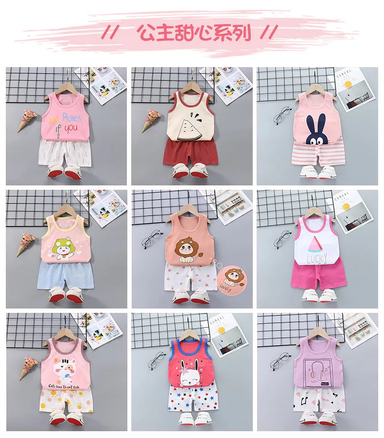 2025 New Summer Children Clothing Set Boys Girls Sleeveless Shorts Children's Suspenders Baby Vest set Kids Clothes