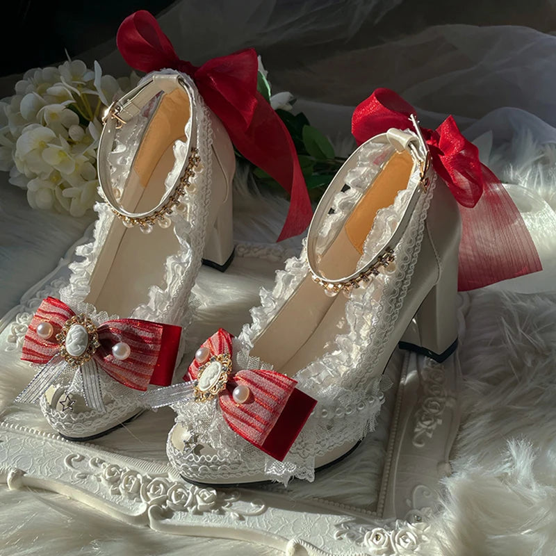 Original Handmade Lolita High Heels Heavy Industry Feather Stitching Pearl Bow Lace Platform Shoes Round Head Princess Heels