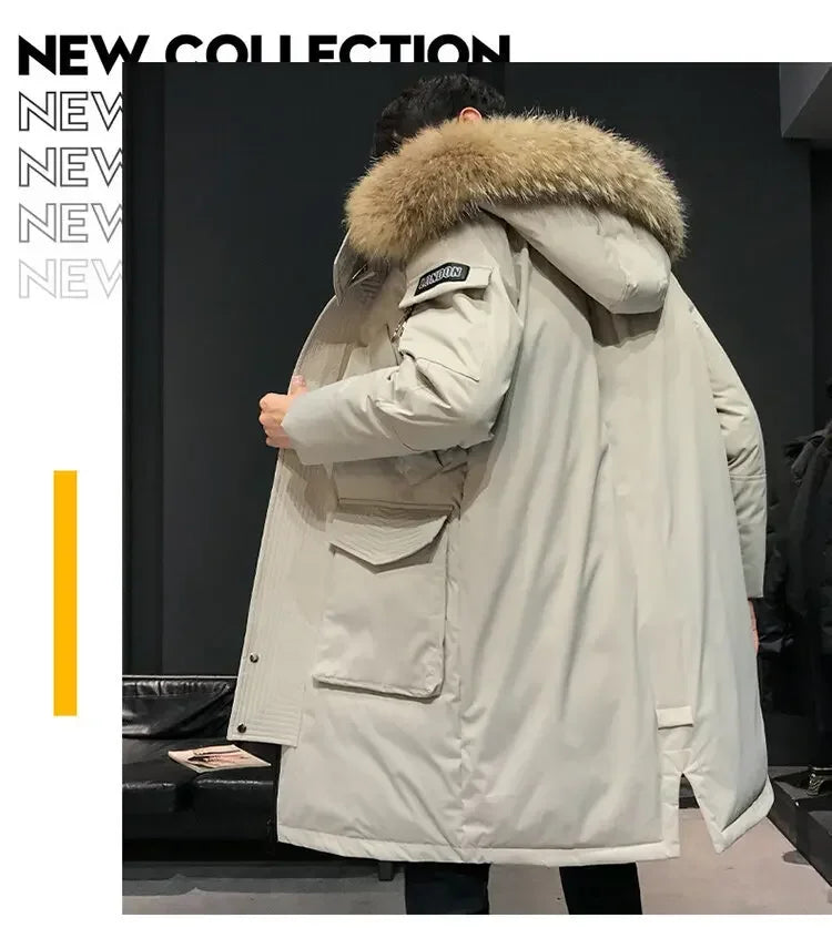 Men's Thickened Down Jacket Hooded Faux Fur Collar Winter Long Parka Jacket Outdoor Street Fashion Jacket Men's Clothing 2024