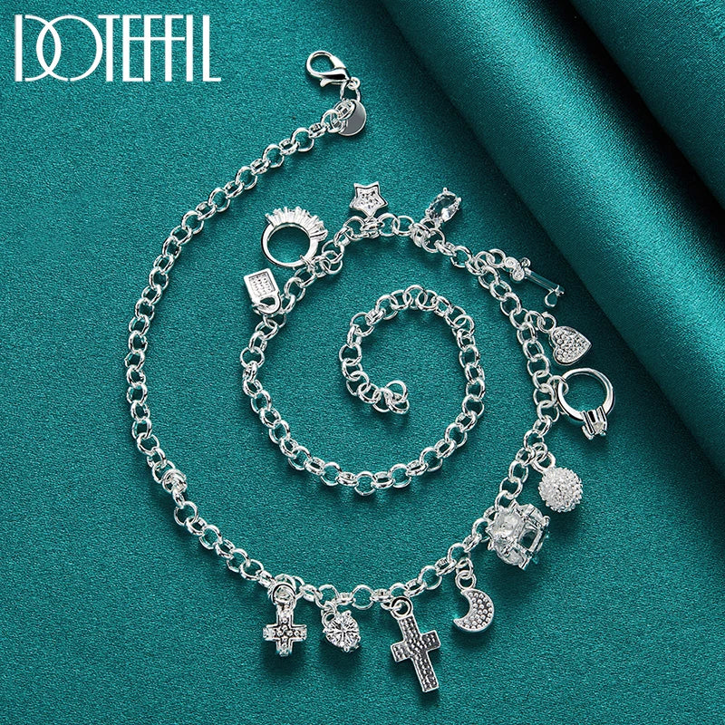 DOTEFFIL 925 Sterling Silver Heart Ball Cross Star Pendant Necklace Bracelets Set For Women Wedding Engagement Jewelry