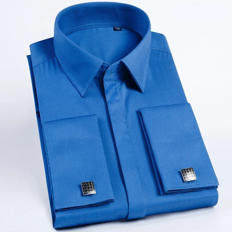 Spring Autumn Men's French Cufflinks Business Dress Shirt Sleeve Pin Solid Color Non-iron Shirts Slim Fit Party Men's Wear
