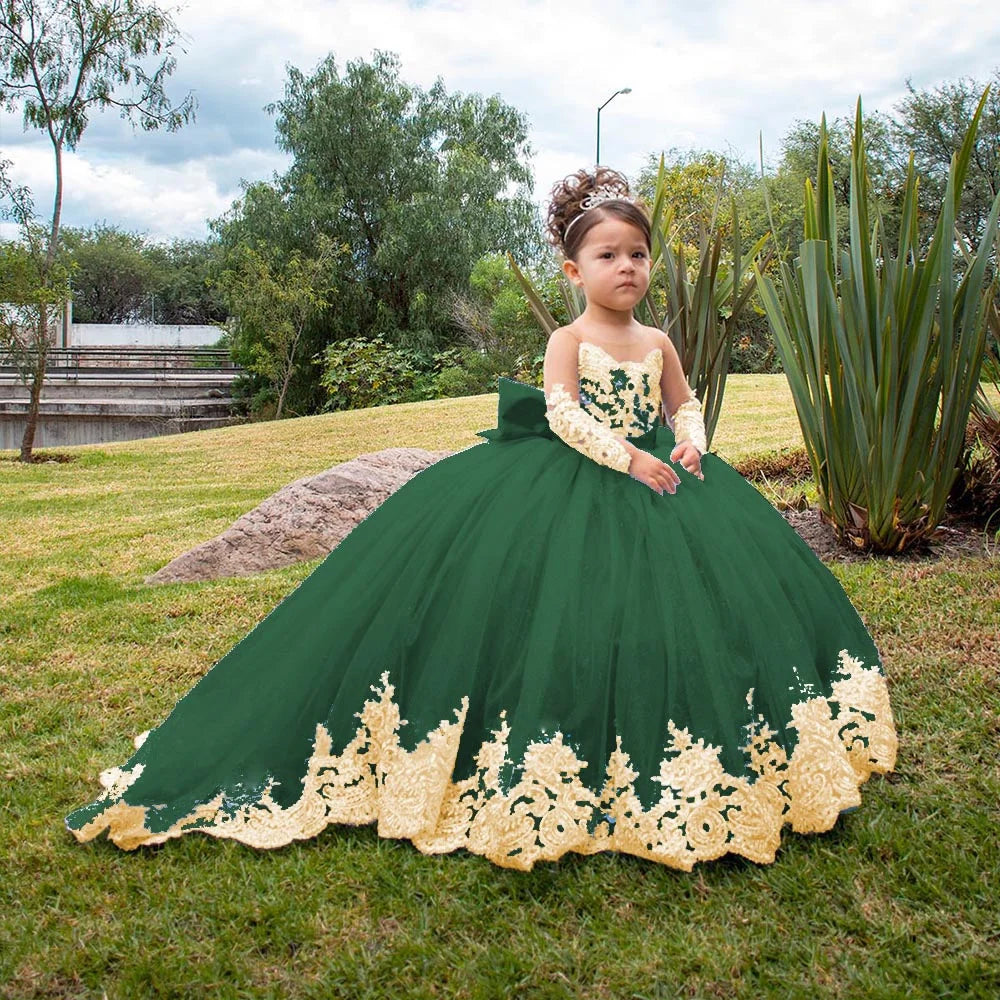 Gold Lace Appliqué Flower Girl Dresses For Wedding Full Sleeves Princess First Communion Dress Toddlers Long Birthday Party Gown