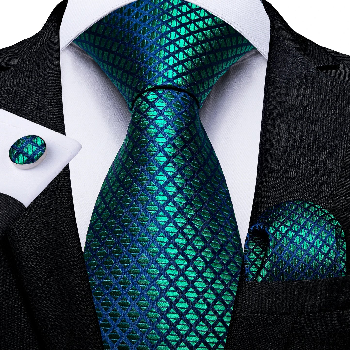 Solid Black Plaid Men's 8cm Polyester Neck Tie Handkerchief Cufflinks Set with Gift Box Tie Clip Birthday Anniversary Gift