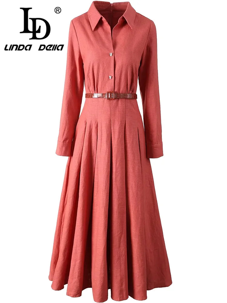 LD LINDA DELLA Elegant Commuter Solid Color Women's Dress Autumn Winter Turn-Down Collar Lace-UP linen long sleeves Dresses