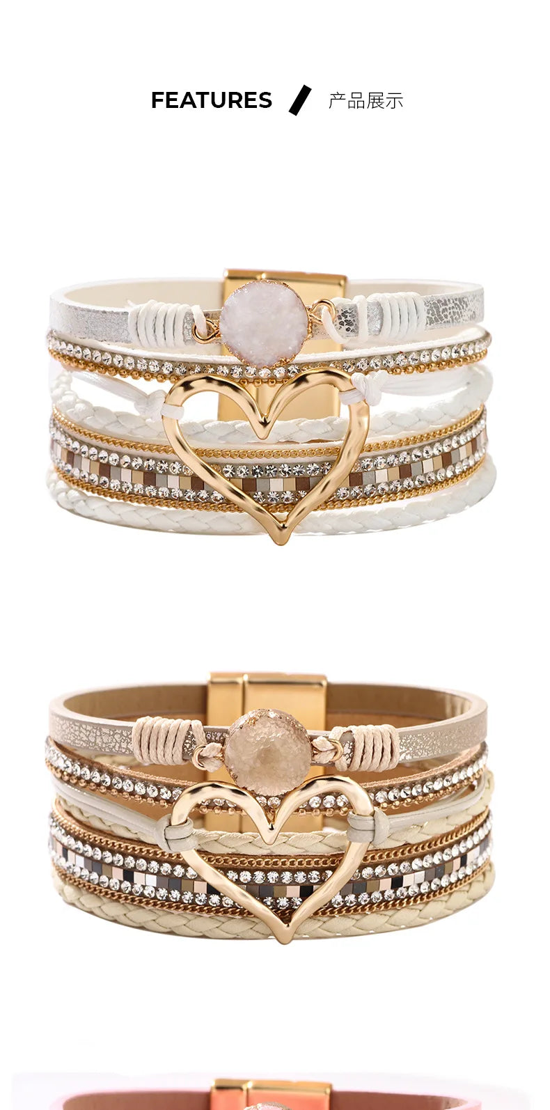 WYBU Love Heart Charm Leather Bracelets For Women Fashion Braided Bangles Multilayer Resin Stone Hollow Leather Wrap Bracelets