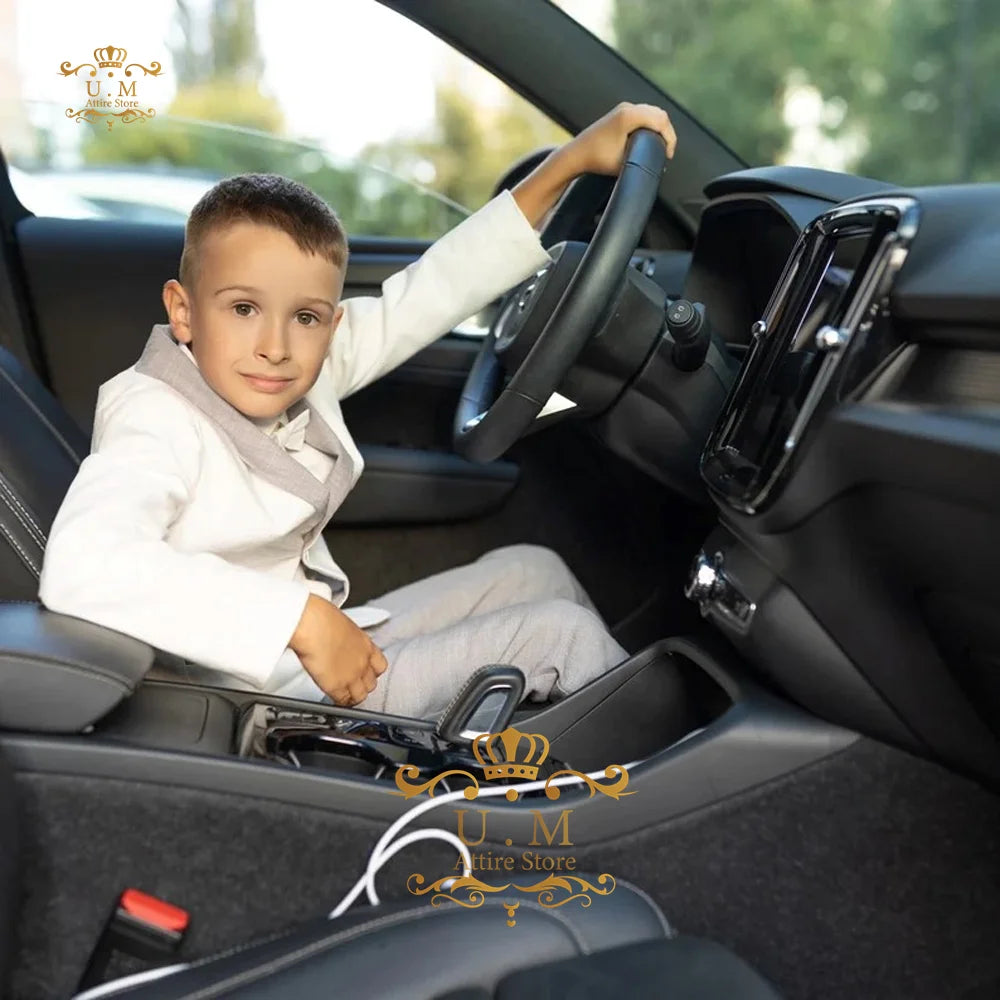 Boys' Linen Suit 2-piece set white Jacket Grey Pants Toddler first communion Outfit, pageboy formal set for wedding ring bearer