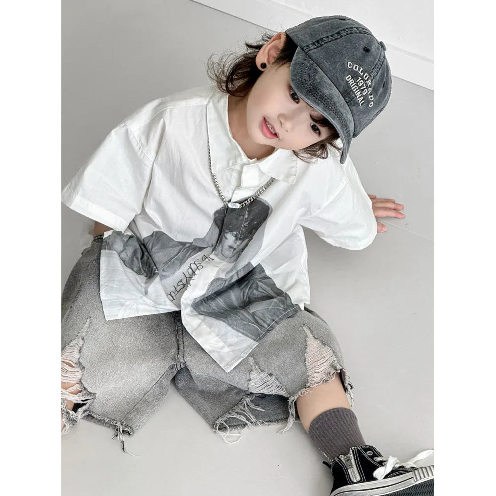 Boys' Sets Button Shirts Denim Shorts Two-piece Summer Suits 2025 New Korean Handsome Children's Street Hole Jeans Suits
