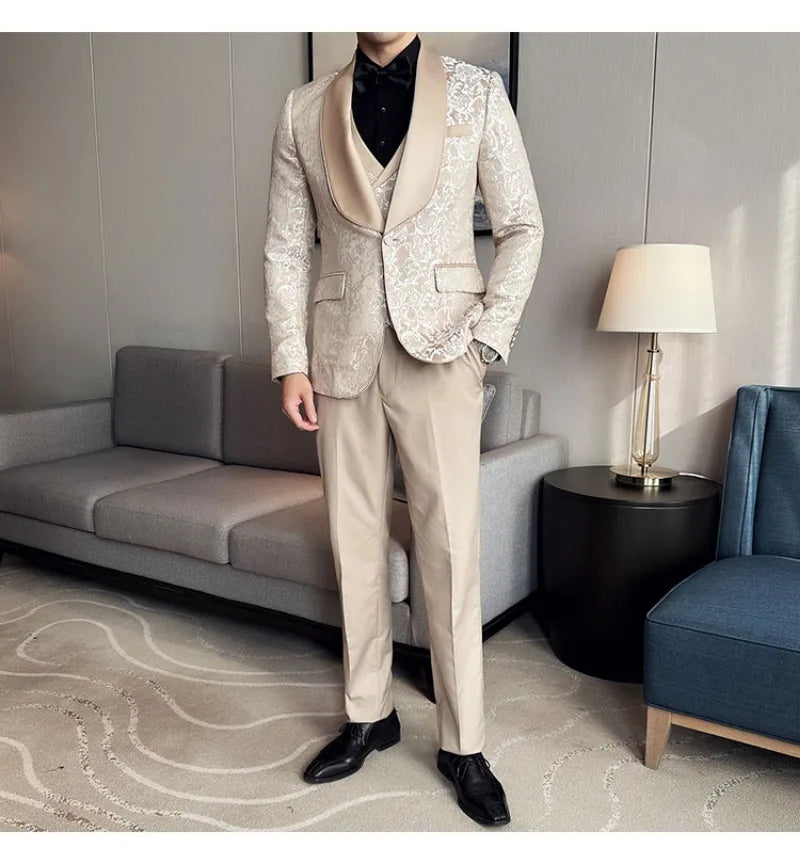 Spring 2025 Men's British Style Business Casual Three-Piece Suit Vest Trousers High-Density Jacquard Wedding Dress