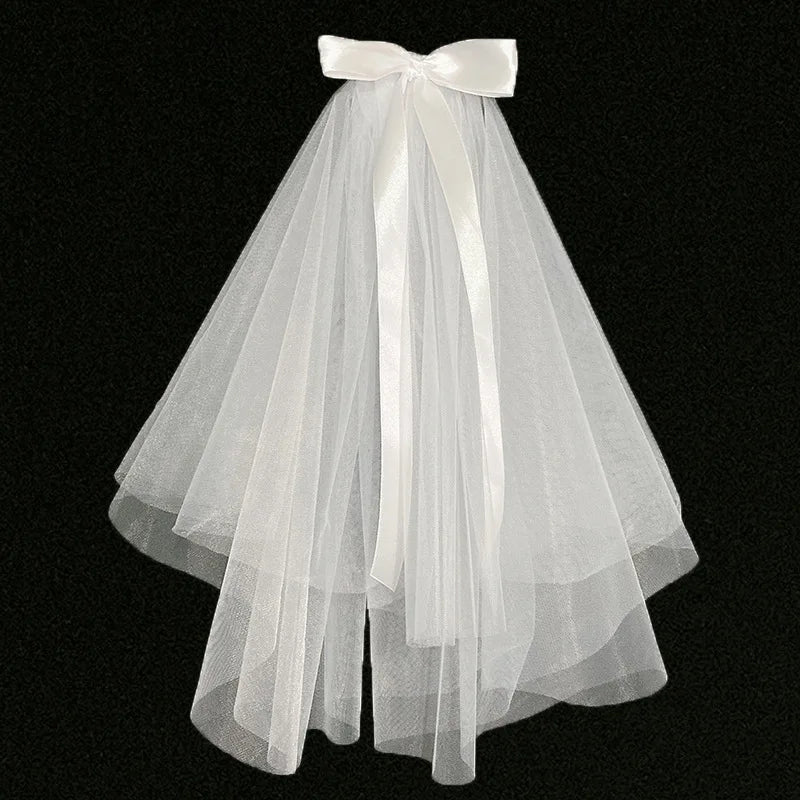 Short Wedding Veil With Comb Bow Pearls 2 Layers Simple Bridal Mariage Accessories 2024