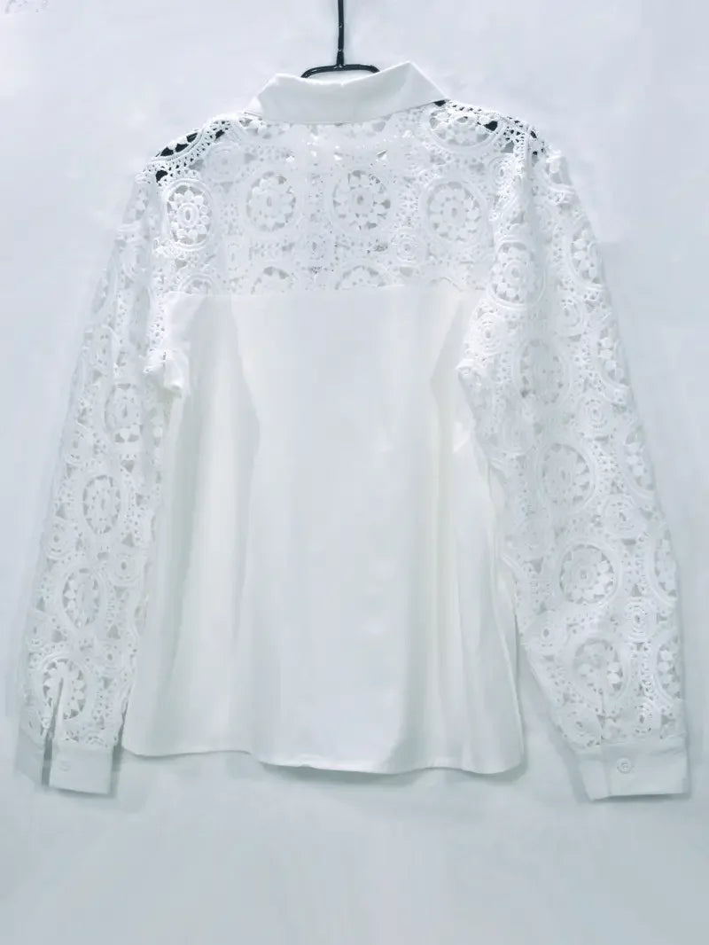 White Lace Hollow Blouses And Shirt For Women Elegant Ladies Office Shirt Long Sleeve Button Tops Fashion Lapel Women's Clothing