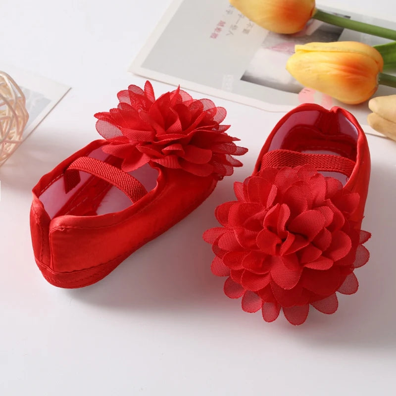 Infant Baby Girls Shoes with Headband Soft Sole Non-slip Flower Princess Wedding Dress Walking Shoes