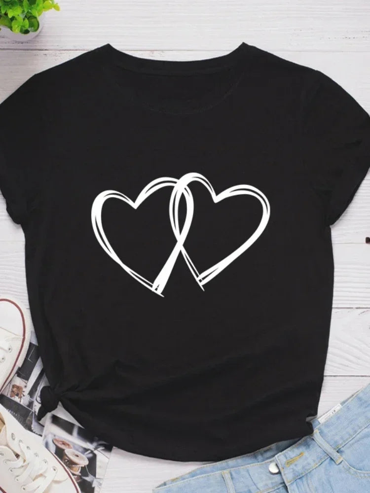 Double Heart Print Women T Shirt Short Sleeve O Neck Loose Women Tshirt Ladies Fashion Tee Shirt Tops Clothes