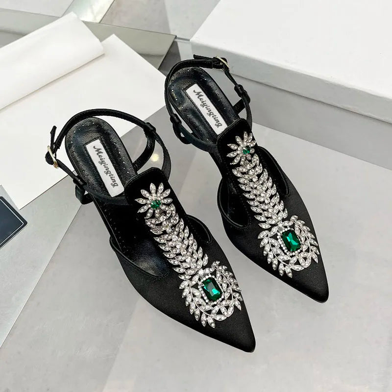 Ladies Wedding Shoes Rhinestone Pointed Toe High Heels Satin Gemstone Stiletto Sandals 2022 New Baotou Fairy Pump Wedding Shoes