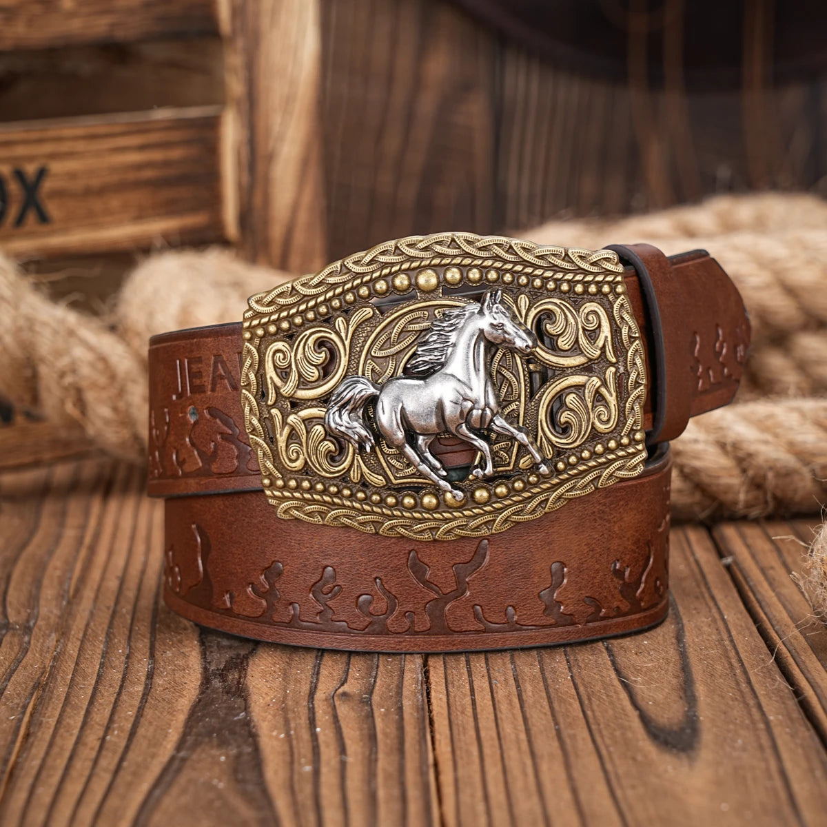 Western Cowboy PU Leather Belt - Men Waist Strap Bull Decoration Floral Engraved for Jeans