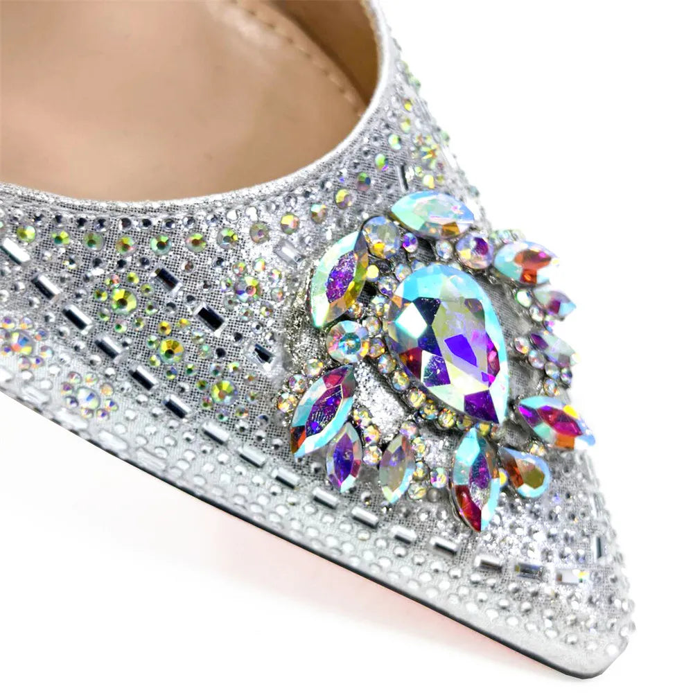 Nigerian Heel Party for Women Blue Color Shoes and Bag Set Rhinestone Handbag Italian Design Wedding INS 2025
