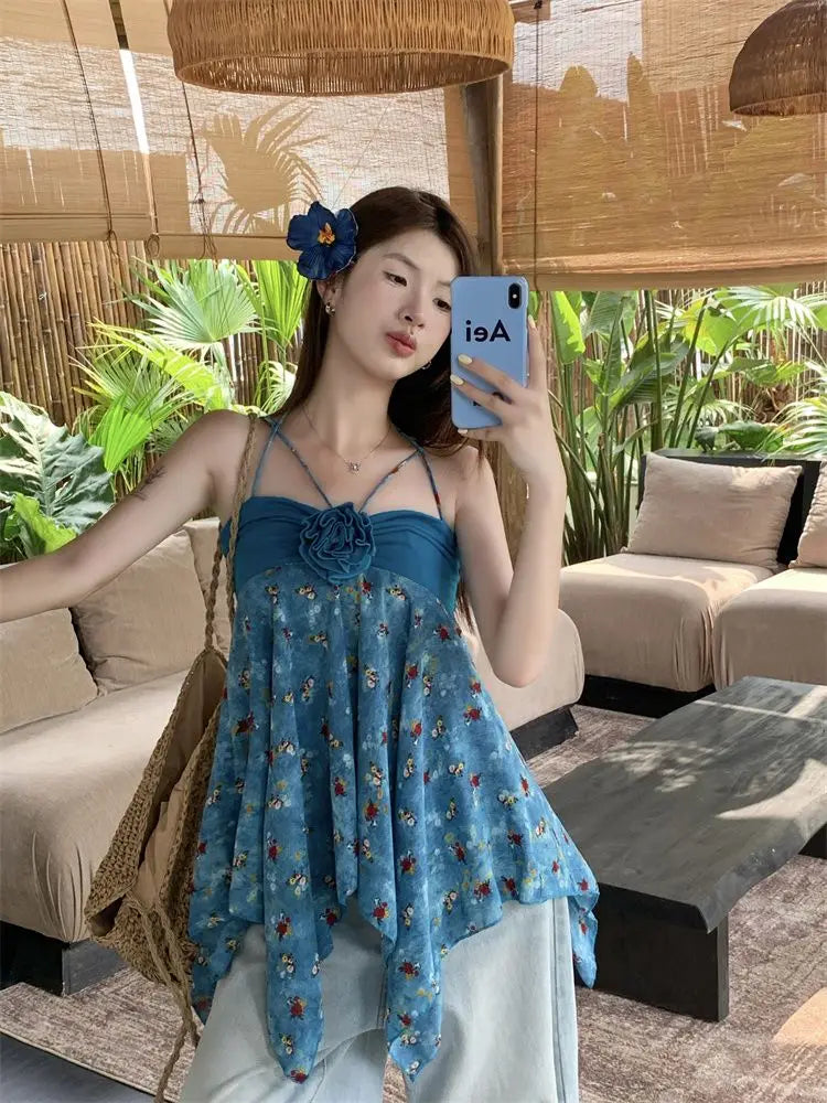 Korejpaa Retro Floral Irregular Camisole Vest Women Summer Blue Three Dimensional Flower Design Y2k Top Outwear Clothesトップス