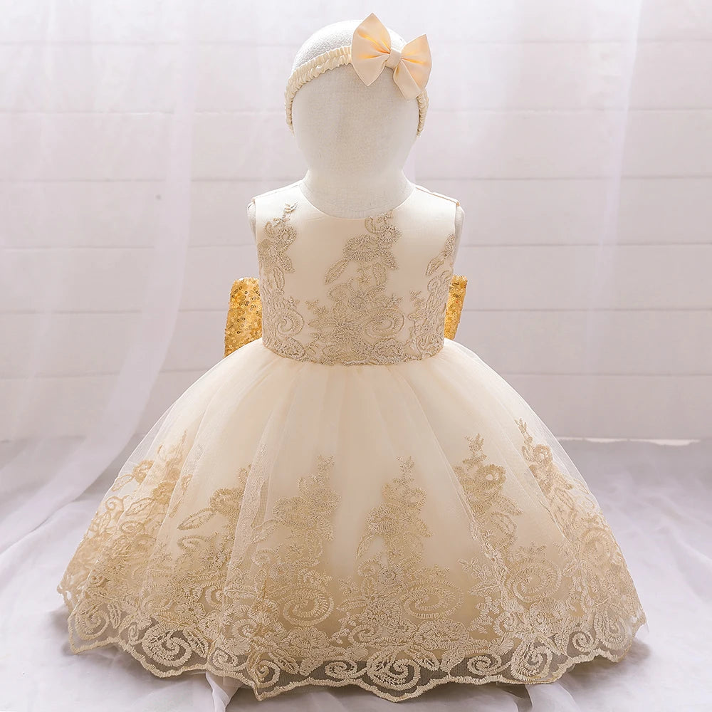 Gold Bow Flower Baby Dress for Girls Christmas Costumes 1st Birthday Party Princess Dresses Wedding Formal Evening Kids Clothing