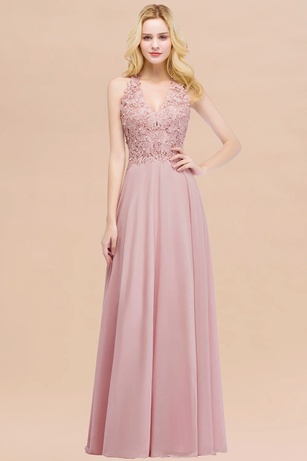 BABYONLINE Halter Neckline Lace Pearls Bodice Bridesmaid Dress Long Floor-length Skirt Chiffon Sexy Open Back Wedding Clothes