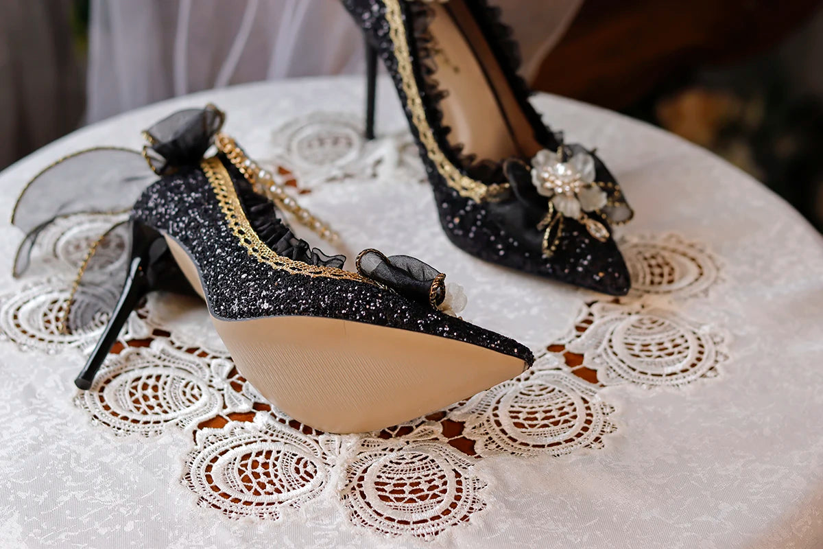 Lolita High Heels One Night Story Lolita Shoes Shiny Pointed High Heels Flower Wedding Ceremony 18 Year Old Slim Heels