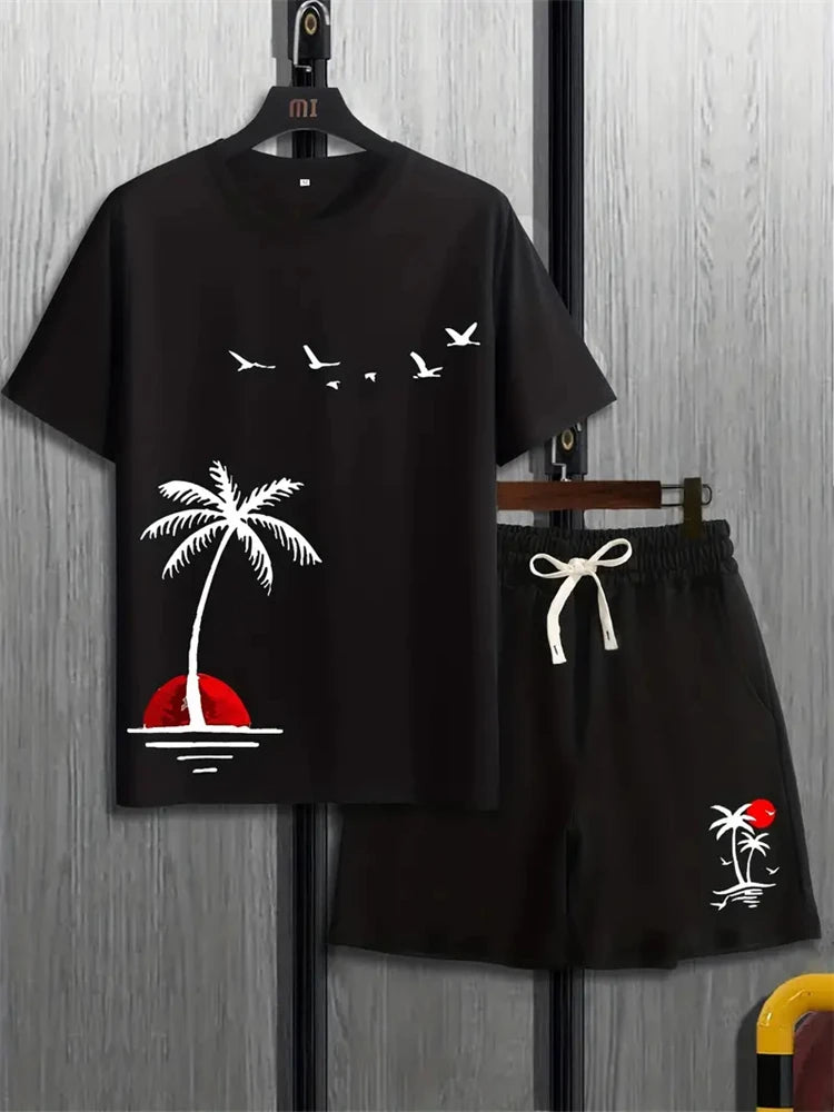 Summer Men's Suit Sportswear Fashion Casual Short Sleeve Vacation Style Gradient Printing Men's T-Shirt Shorts Suit Menswear