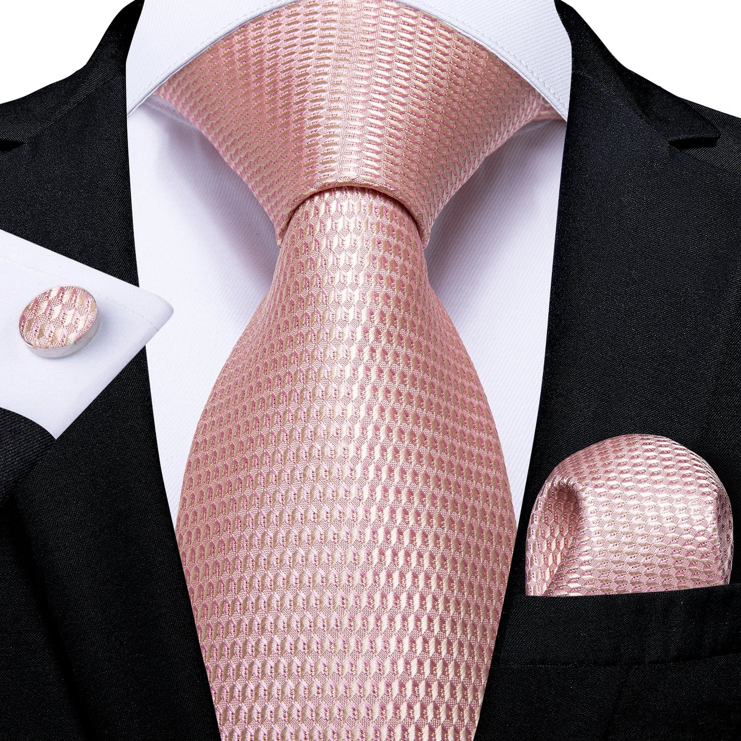 Solid Black Plaid Men's 8cm Polyester Neck Tie Handkerchief Cufflinks Set with Gift Box Tie Clip Birthday Anniversary Gift