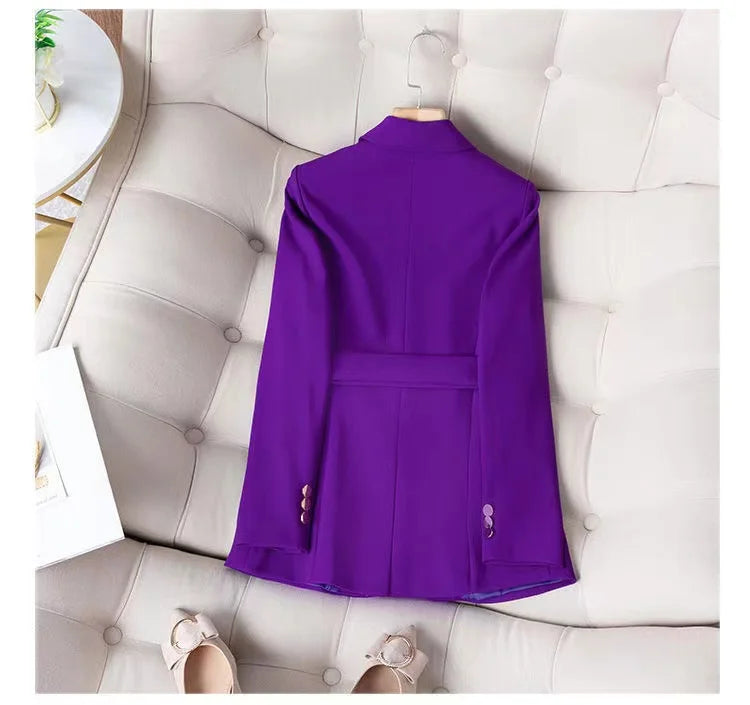 Women's Elegant Double-Breasted Blazer with Puff Sleeves and Faux Pockets - White, Long Sleeve, Mid-Length, High Stretch Fabric, Perfect for Spring and Fall, Everyday Chic, Formal Office Wear | Classic Notched Lapel | Functio