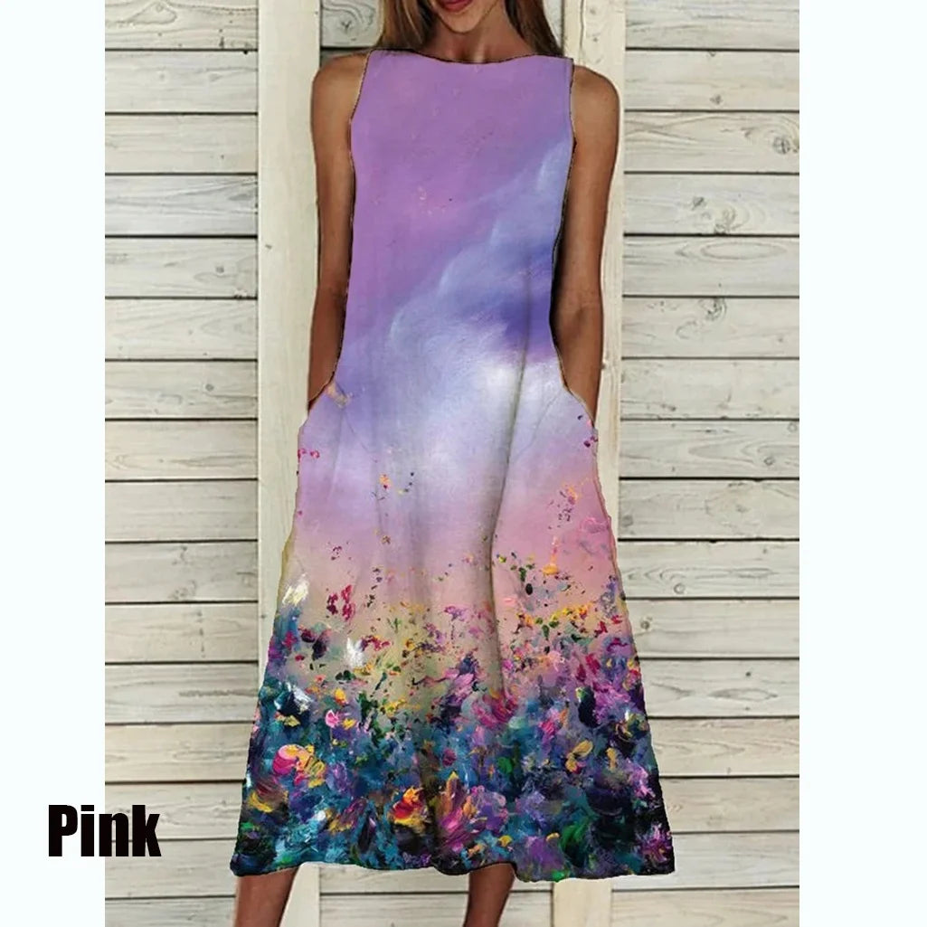 2023 Summer Women Clothing Fashion Elegant Sleeveless Print A-Line Dress Round Neck Casual Party Dresses Girls Sweet Dress