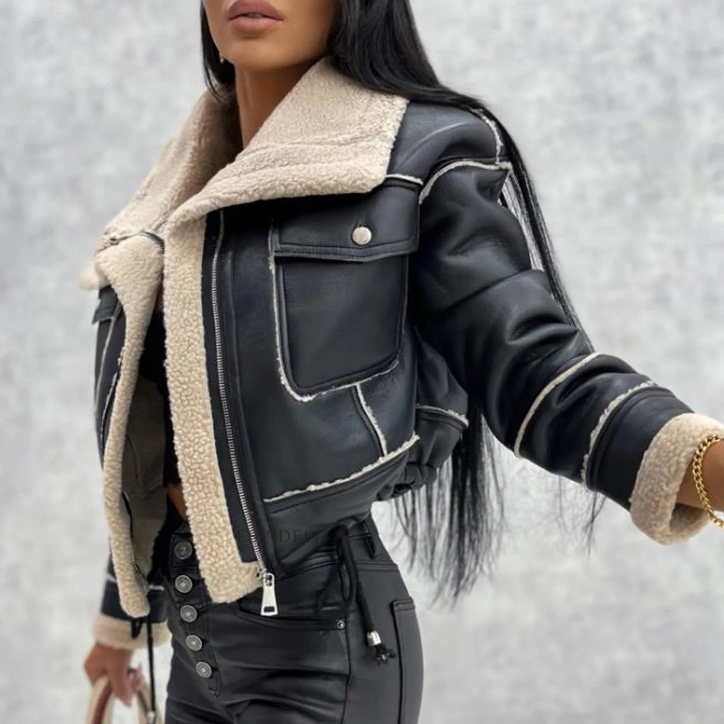 2025 Autumn Winter Women's Jacket New Fashion Lamb Fur Splicing Short Coat Zipper Motorcycle PU Leather Jacket Tops Female