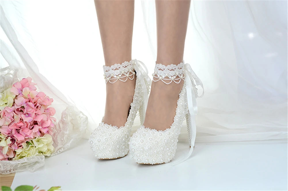 Spring round head shallow pearl lace with waterproof platform wedding shoes thin high-heeled banquet dress large size women shoe