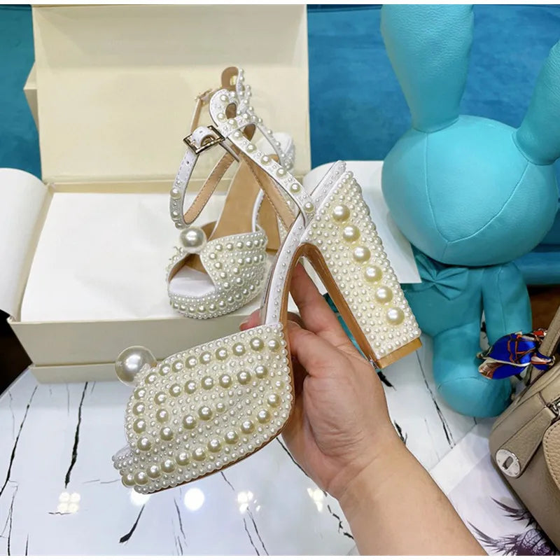 Fully Handmade Luxury Pearls Thick Heeled Peep toe Women Sandals Summer Fashion Platform Wedges High heels Wedding Banquet Shoes