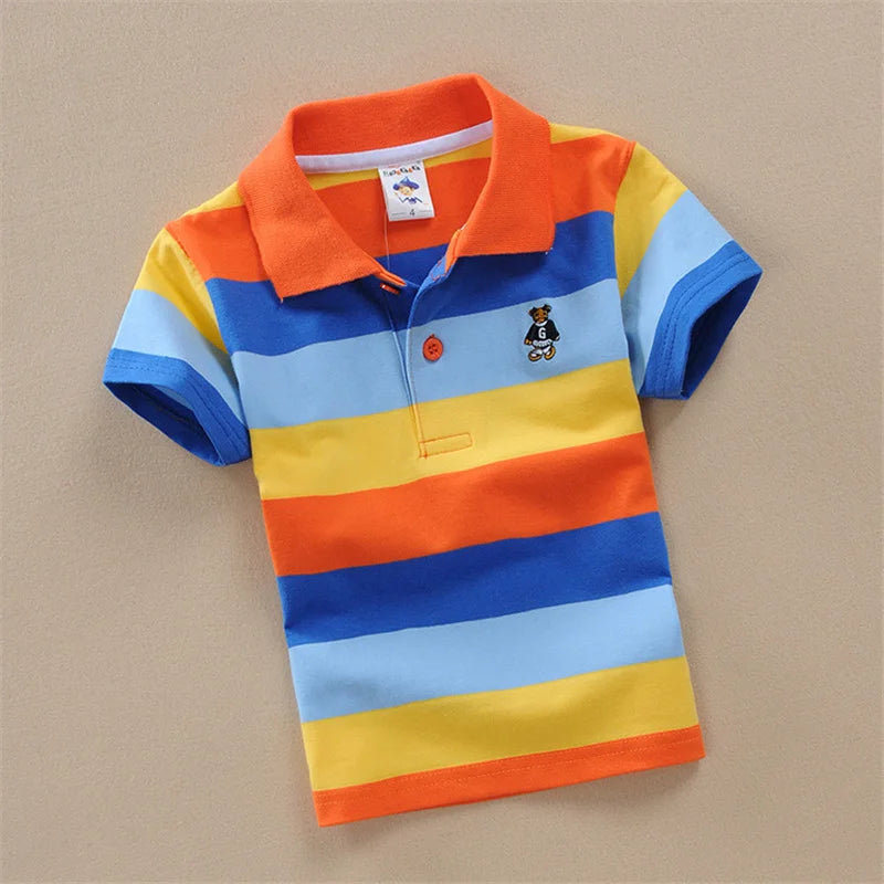 Boys T-shirt Summer Children Short Sleeve Stripe ClothingTees Cartoon Bear Embroidery Tops Kids Breathable Polo Shirt