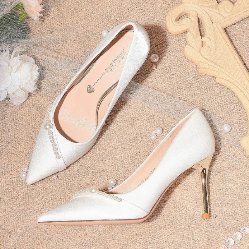 Women's Summer Footwear Bride Pumps Shoes for Woman 2024 Wedding Shoe on Heeled Pointed Toe Pearl Stilito High Heels Popular 39