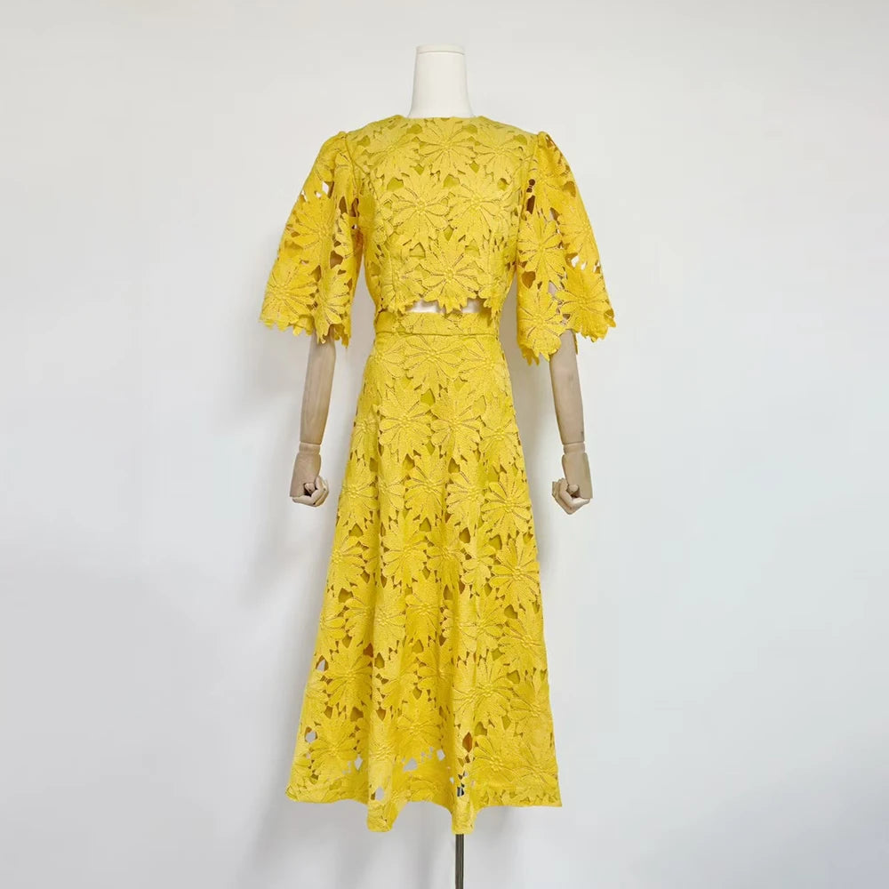 VGH Embroidery Two Piece Set for Women O Neck Batwing Sleeve Top High Waist Hollow Out A Line Long Skirt Elegant Suit Female New