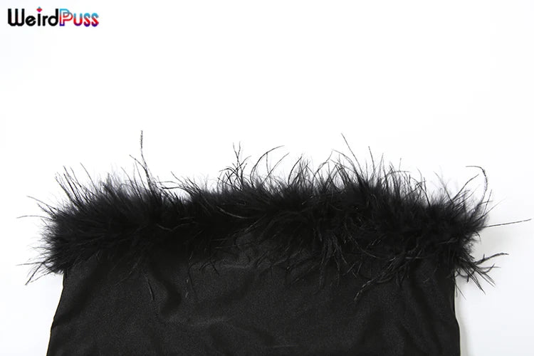 Weird Puss Sexy Women 2 Piece Set 2025 Summer Trend Feather Strapless Tops+High-Waisted Hollow Leggings Matching Clubwear Suits