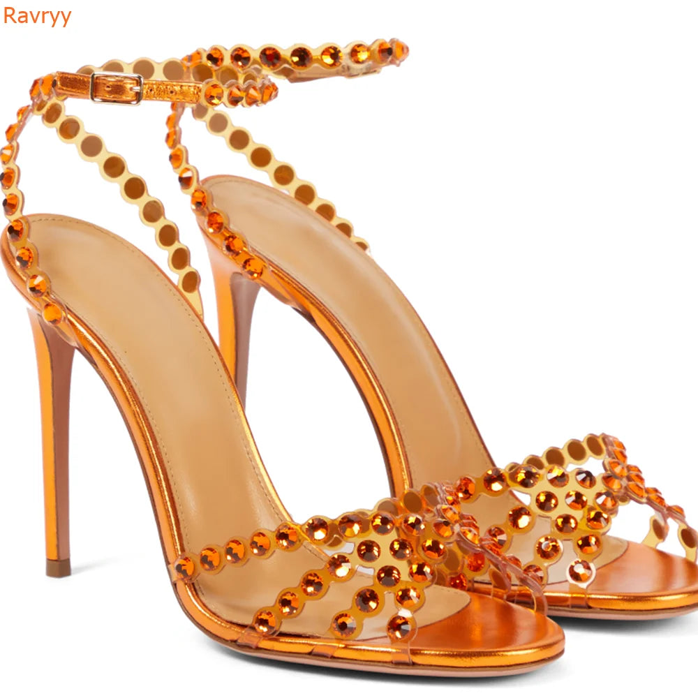Women Peep Toe Wedding Sandals Crystal Bling Bling Colored Rhinestone shiny Sandals Stiletto Heels Slingback Ankle Strap Shoes